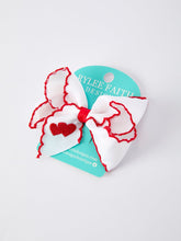 Load image into Gallery viewer, Valentine’s Hair Bow – White Ribbon with Red Heart Embroidery