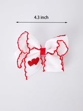 Load image into Gallery viewer, Valentine’s Hair Bow – White Ribbon with Red Heart Embroidery