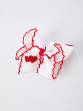 Load image into Gallery viewer, Valentine’s Hair Bow – White Ribbon with Red Heart Embroidery