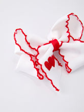 Load image into Gallery viewer, Valentine’s Hair Bow – White Ribbon with Red Heart Embroidery