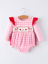 Load image into Gallery viewer, Valentine Pink Plaid Baby Girls Romper with Horse & Heart Smocking