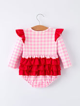 Load image into Gallery viewer, Valentine Pink Plaid Baby Girls Romper with Horse & Heart Smocking