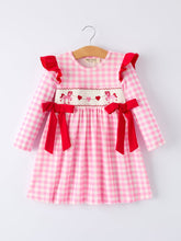 Load image into Gallery viewer, Valentine Pink Plaid Girls Dress with Horse & Heart Smocking Embroidery