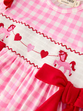 Load image into Gallery viewer, Valentine Pink Plaid Girls Dress with Horse & Heart Smocking Embroidery