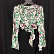Load image into Gallery viewer, Floral Tie Front Bell Sleeve Wrap Crop Top (Mustard Seed)
