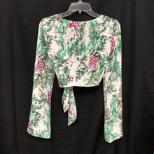 Load image into Gallery viewer, Floral Tie Front Bell Sleeve Wrap Crop Top (Mustard Seed)