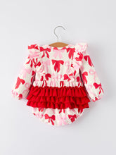 Load image into Gallery viewer, Baby Girls Valentine’s Bow Print Long Sleeve Ruffle Romper
