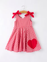 Load image into Gallery viewer, Valentine’s Day Red Plaid Heart Applique Dress with Bows – Toddler Girls Outfit
