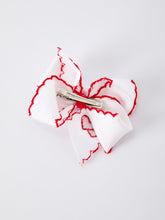 Load image into Gallery viewer, Valentine’s Hair Bow – White Ribbon with Red Heart Embroidery
