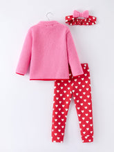 Load image into Gallery viewer, Valentine Pink Sherpa Heart Top with Red Heart Leggings and Bow Headband
