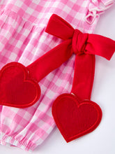 Load image into Gallery viewer, Valentine Pink Plaid Bubble Romper with Red Hearts and Bows
