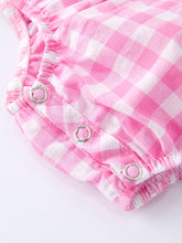 Load image into Gallery viewer, Valentine Pink Plaid Bubble Romper with Red Hearts and Bows
