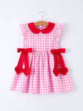 Load image into Gallery viewer, Valentine Pink Plaid Girls Dress with Red Hearts and Bows
