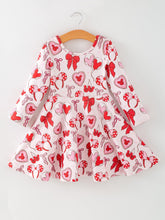 Load image into Gallery viewer, Toddler Girls Valentine Party Dress –Bow Heart Print Outfit
