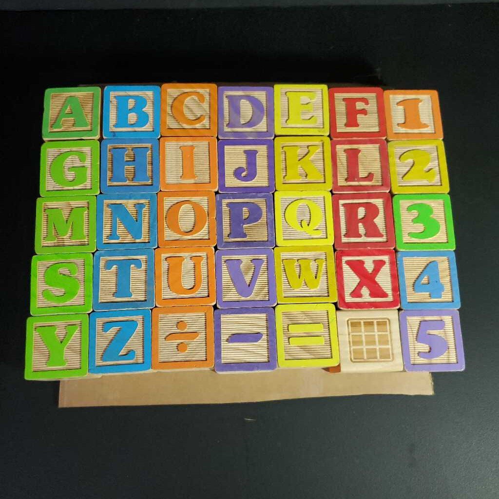 wooden alphabet blocks A-Z, 0-9