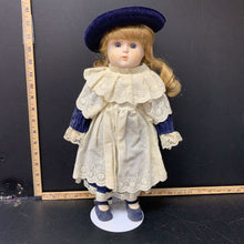 Load image into Gallery viewer, Porcelain Doll w/white dress and blue hat collectable

