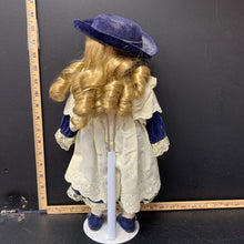 Load image into Gallery viewer, Porcelain Doll w/white dress and blue hat collectable
