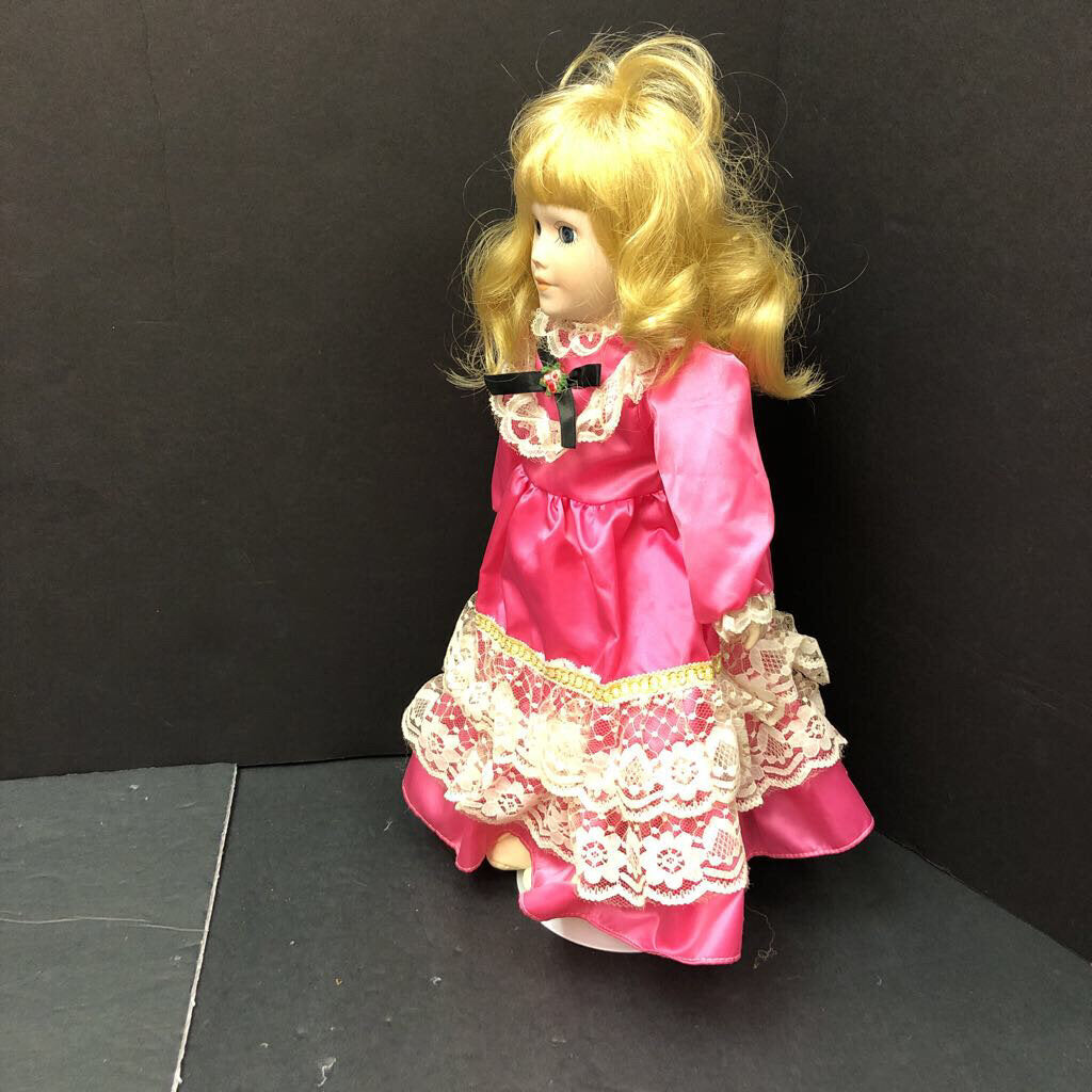Wind Up Musical Porcelain Doll in Dress w/Stand