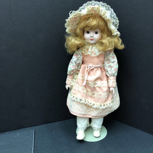 Porcelain Doll in Floral Dress & Hat w/Stand 1989 Vintage Collectible