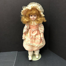 Load image into Gallery viewer, Porcelain Doll in Floral Dress &amp; Hat w/Stand 1989 Vintage Collectible
