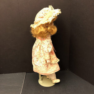 Porcelain Doll in Floral Dress & Hat w/Stand 1989 Vintage Collectible