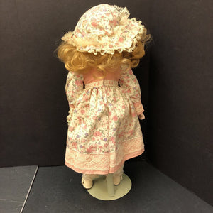 Porcelain Doll in Floral Dress & Hat w/Stand 1989 Vintage Collectible