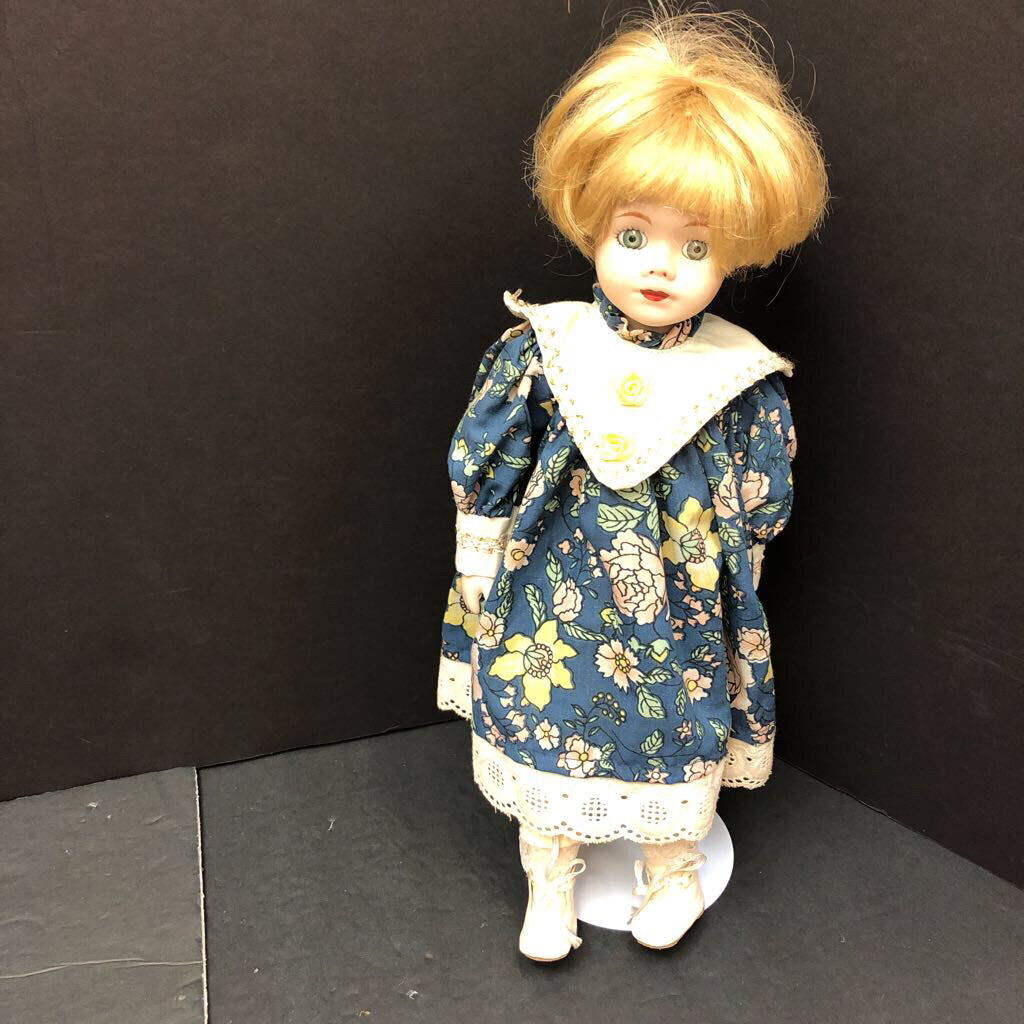 Porcelain Doll in Floral Dress w/Stand