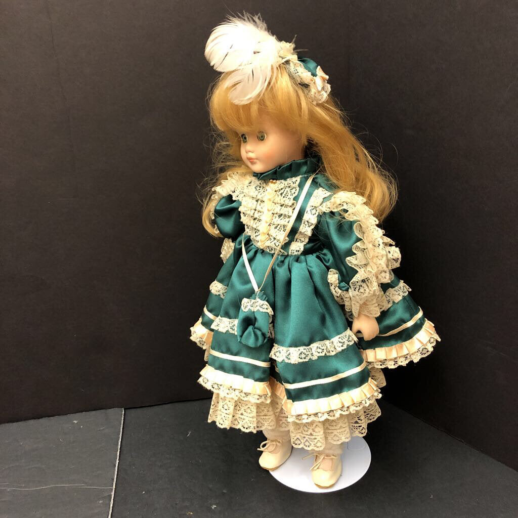 Porcelain Doll in Lace Dress & Headband w/Stand