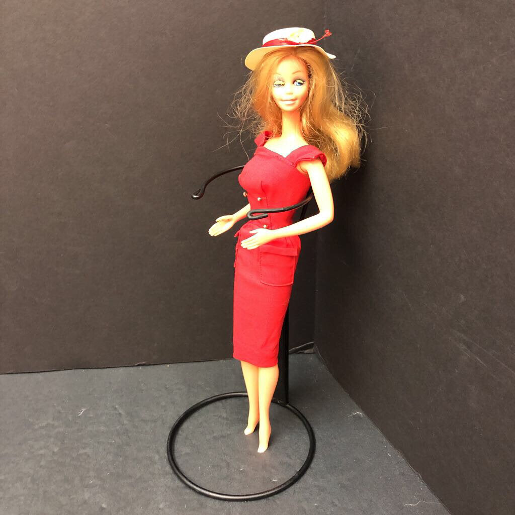 Blinking Eye Doll in Dress & Hat w/Stand 1966 Vintage Collectible