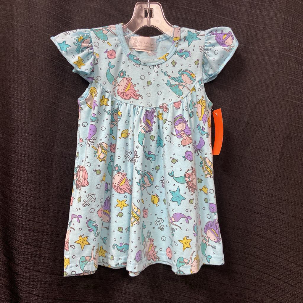 ruffled sleeve casual dress with mermaid octopus & fish pattern