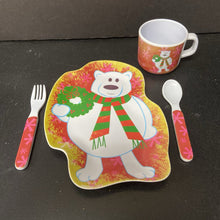 Load image into Gallery viewer, 4pc Polar Bear Christmas Plate, Cup, &amp; Utensils Set
