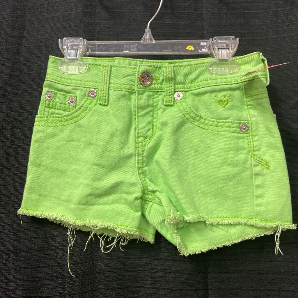 neon denim snap cutoff shorts