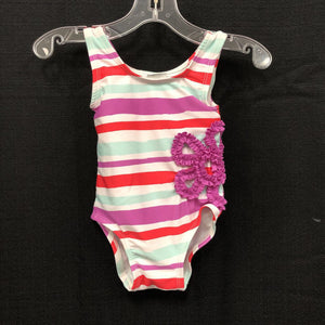 striped swim suit w/ flower
