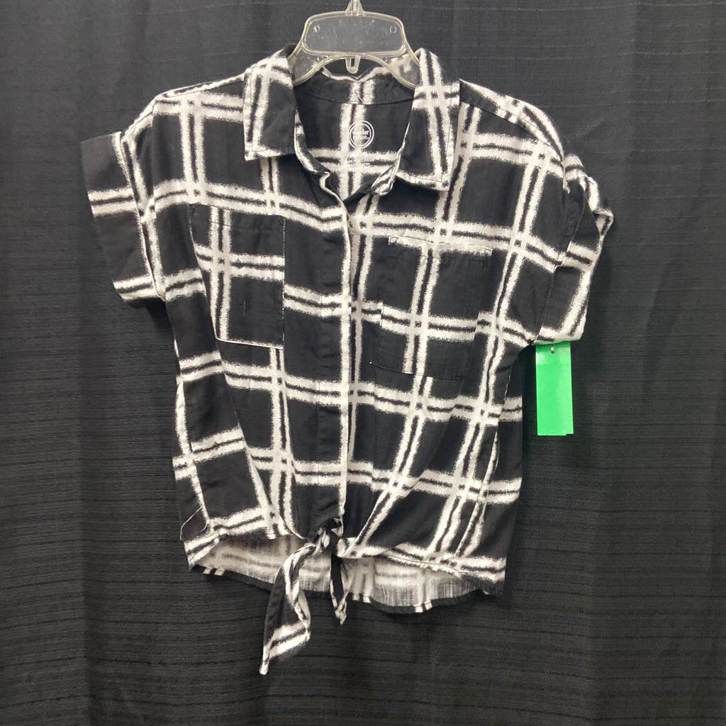 plaid button hem tie top