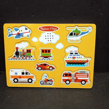 Load image into Gallery viewer, 8pc Wooden Vehicles Sound Peg Puzzle Battery Operated
