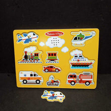 Load image into Gallery viewer, 8pc Wooden Vehicles Sound Peg Puzzle Battery Operated
