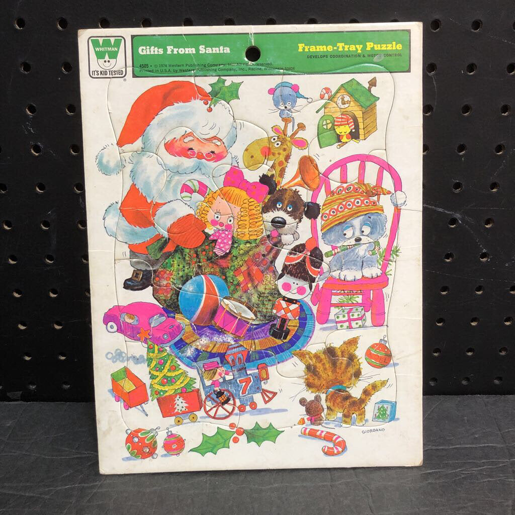 12pc Gifts From Santa Christmas Frame Tray Puzzle 1974 Vintage Collectible