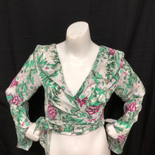 Load image into Gallery viewer, Floral Tie Front Bell Sleeve Wrap Crop Top (Mustard Seed)
