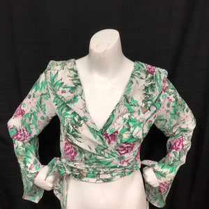 Floral Tie Front Bell Sleeve Wrap Crop Top (Mustard Seed)