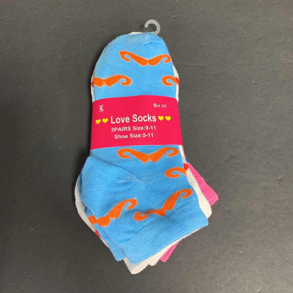 3pk Girls Mustache Print Socks (NEW)