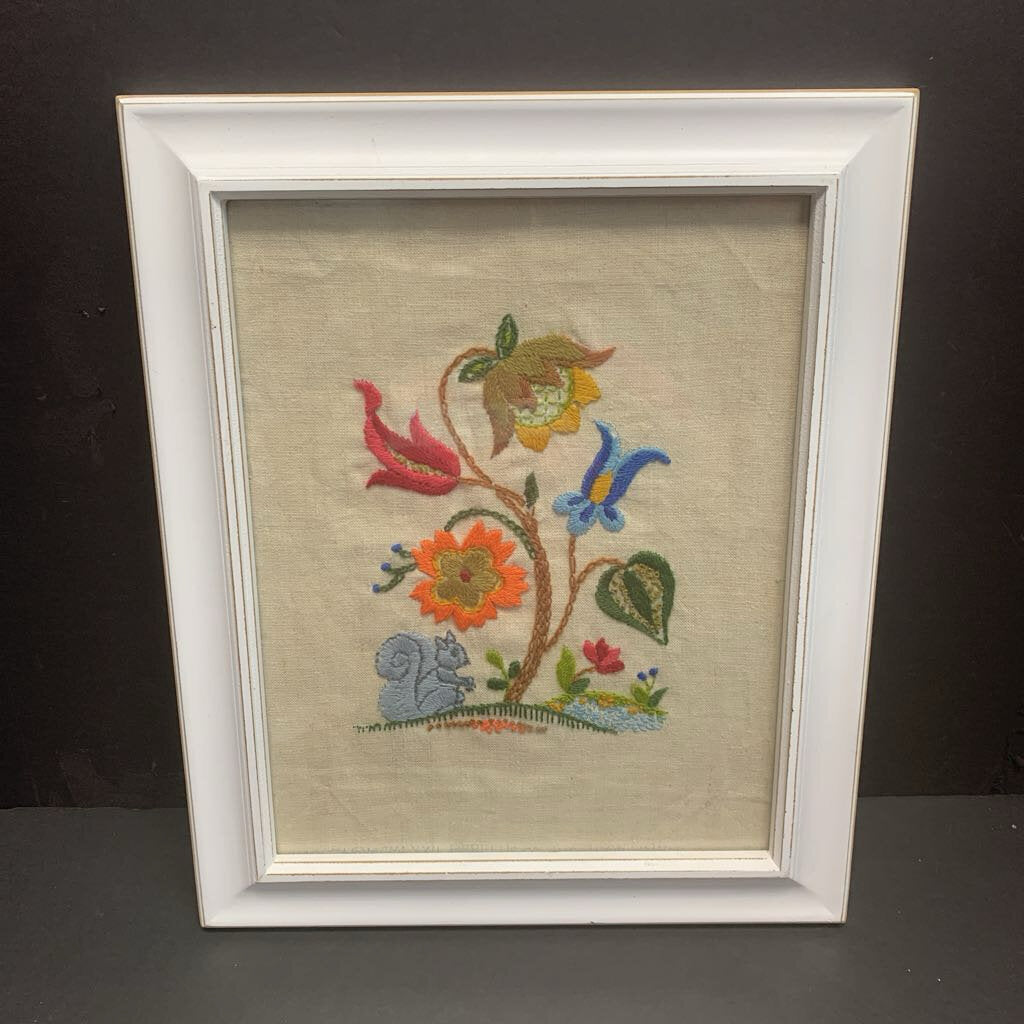 Flower & Squirrel Embroidered Framed Picture