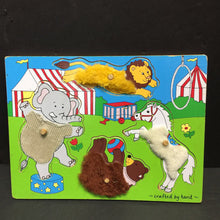 Load image into Gallery viewer, 4pc Wooden Circus Animals Fuzzy Puzzle (Lights Camera Action)
