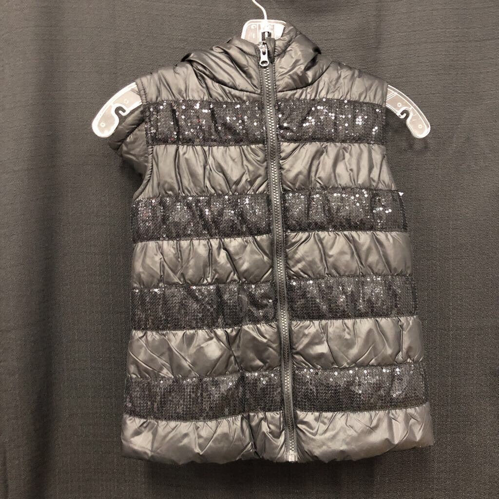 sequin hooded full zip puffy vest