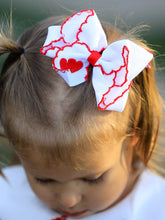 Load image into Gallery viewer, Valentine’s Hair Bow – White Ribbon with Red Heart Embroidery
