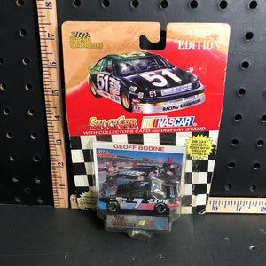 Geoff Bodine #7 stock car w/ Collectors Card & Display stand