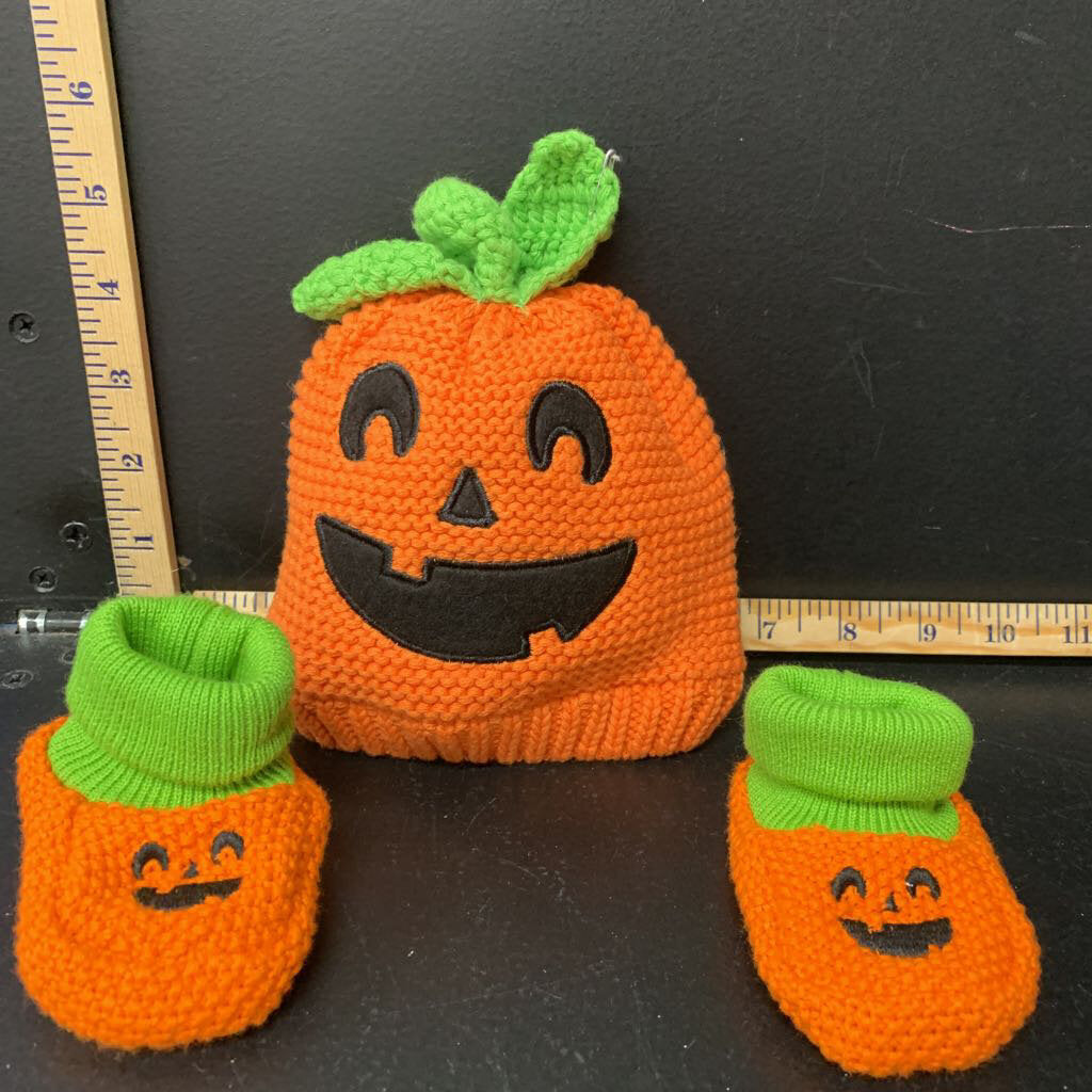 Halloween Pumpkin Knit Hat & Booties