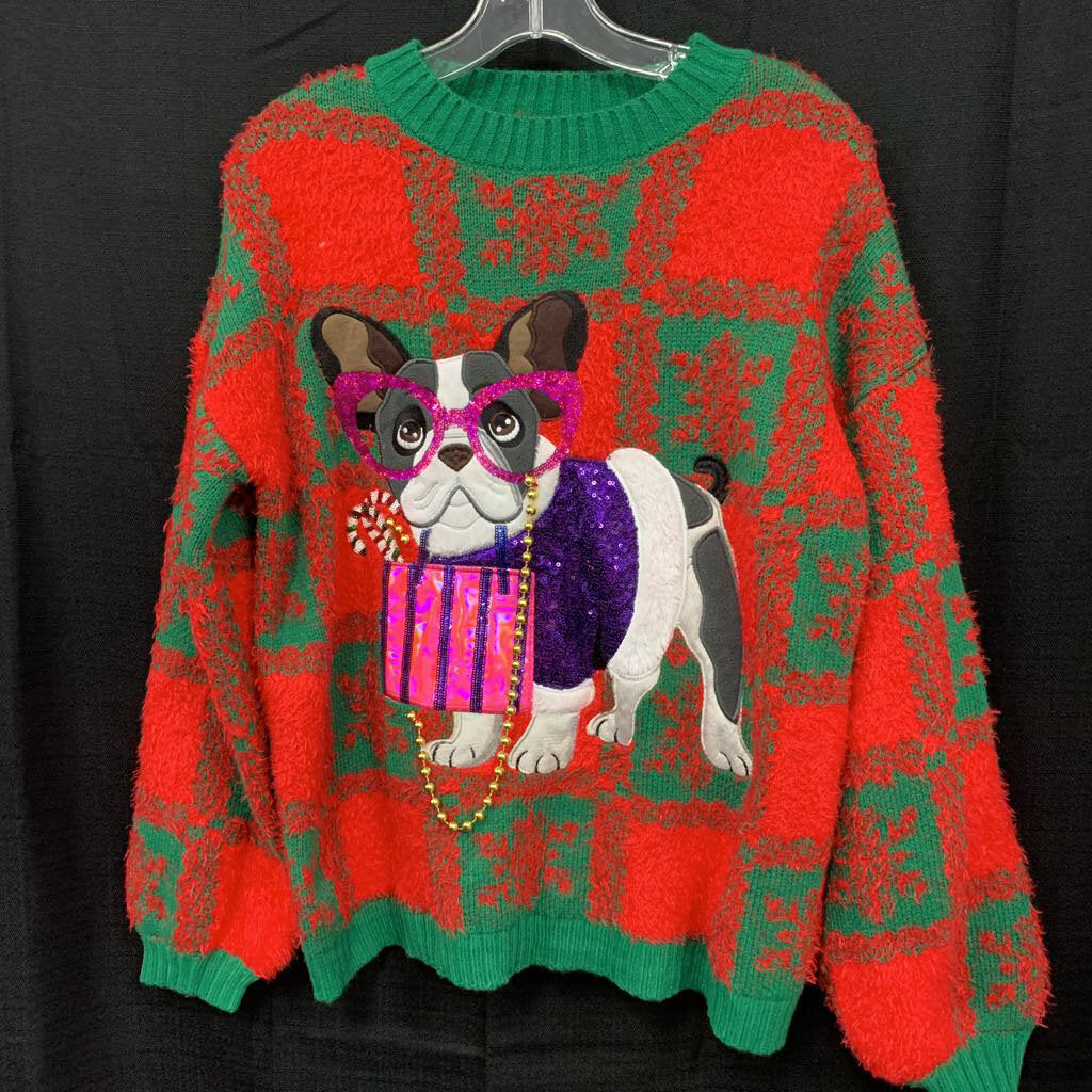 Bulldog w/ sequin glasses Christmas sweater