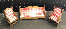 Load image into Gallery viewer, Wooden checkered couch &amp; 2 chairs vintage collectible
