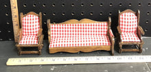 Load image into Gallery viewer, Wooden checkered couch &amp; 2 chairs vintage collectible
