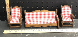 Wooden checkered couch & 2 chairs vintage collectible